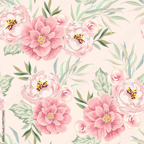 Pink peony, rose flowers with leaves bouquets, blush background. Floral illustration. Vector seamless pattern. Botanical design. Romantic wedding