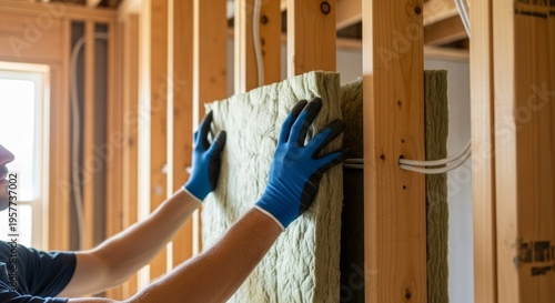 Man installing insulation in wooden wall frame. Construction worker placing mineral wool or fiberglass between studs. Home renovation task for thermal efficiency and building improvement.