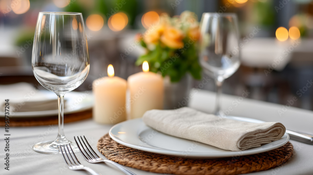 Fototapeta premium Elegant romantic dinner setting with candles and floral centerpiece for special occasions