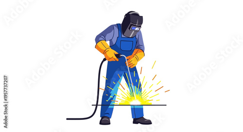 Skilled Welder in Protective Gear Performing Welding Work.