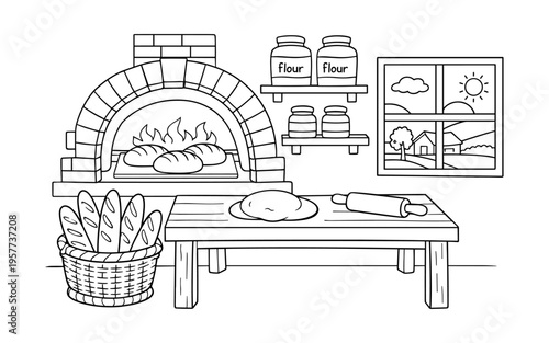 Rustic bakery scene with bread baking in a brick oven and fresh dough on a table