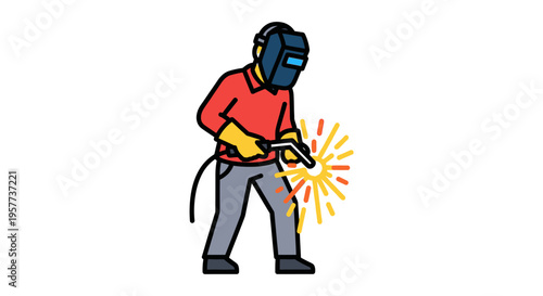Welder working with sparks wearing protective gear cartoon illustration.