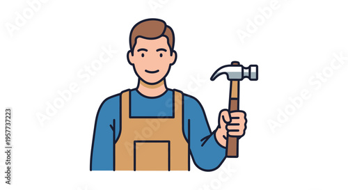 Smiling handyman in overalls holding a hammer ready for work.
