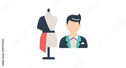 Fashion designer with a mannequin showcasing a stylish garment.