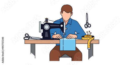 Skilled tailor diligently sewing fabric on a vintage sewing machine.