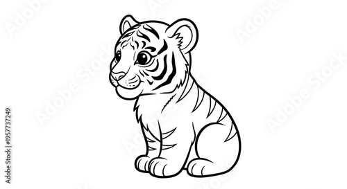 cute white tiger cub cartoon with black stripes sitting alone on a clean background