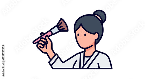 Woman with bun holding a makeup brush ready for beauty application.