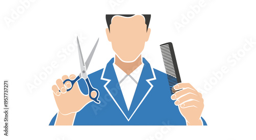 Professional Barber or Hairdresser Holding Scissors and Comb.