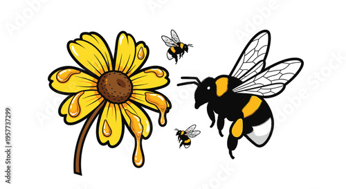 Bee flying near yellow flower closely.