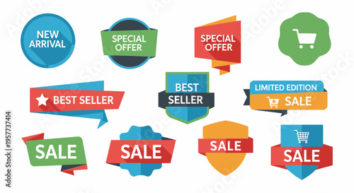 Colorful sale and offer labels.