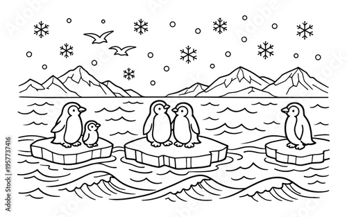 Cute cartoon penguins and snowflakes in a winter arctic landscape with mountains and ocean