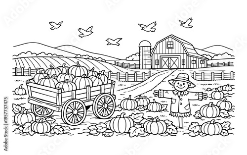 Autumn harvest scene with a wagon full of pumpkins and a friendly scarecrow