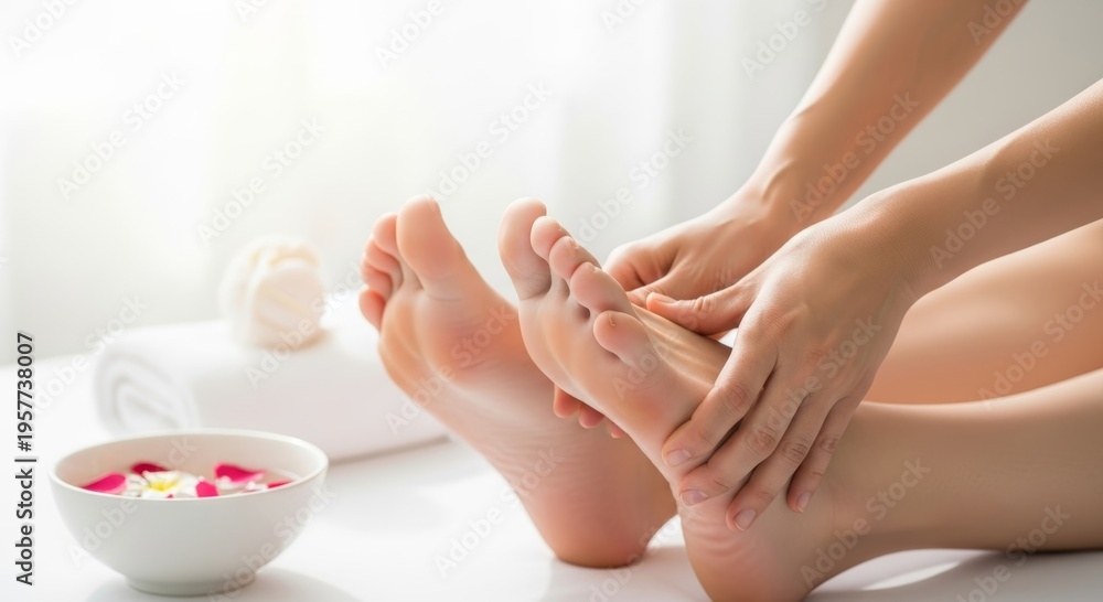 Fototapeta premium Relaxing foot spa massage with rose petals. Hands gently massaging bare female feet beside towel and scented water bowl for wellness therapy
