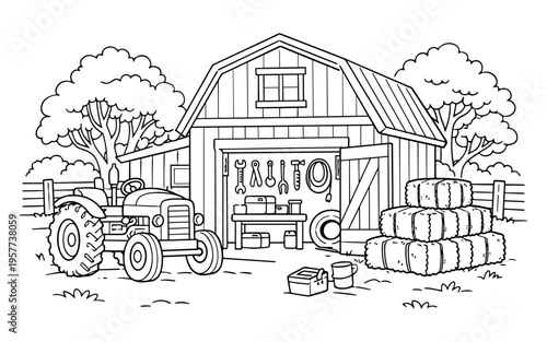 Farm scene with tractor, barn, hay bales, and tools for coloring