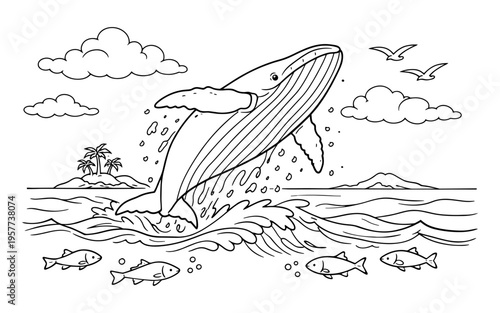 Whale breaching the ocean surface near a tropical island with fish swimming below