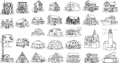 49 Diverse Hand-Drawn Architectural Sketches: Collection of Houses, Unique Dwellings, Buildings, Castles, Lighthouses  More in Black  White Line Art.