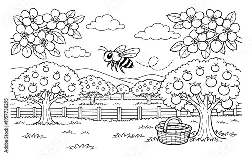 Cartoon bee flying over a field with apple trees and a basket