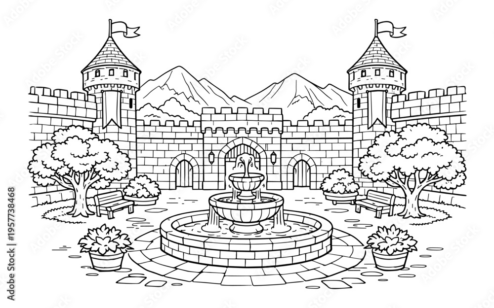 Fototapeta premium Charming castle courtyard with a fountain, trees, and benches, perfect for coloring