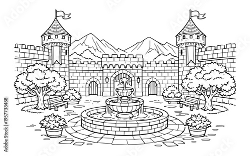 Charming castle courtyard with a fountain, trees, and benches, perfect for coloring