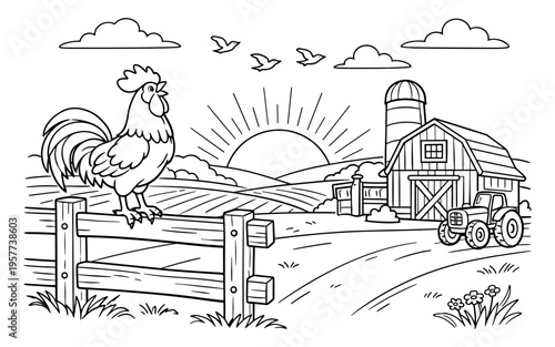 Rooster crows at sunrise on a farm with tractor and barn, idyllic countryside scene