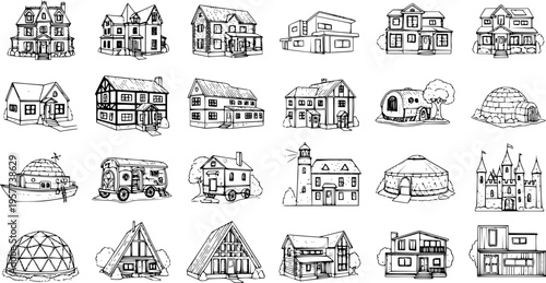 Assorted Hand-Drawn House Illustrations: Diverse Architectural Styles
