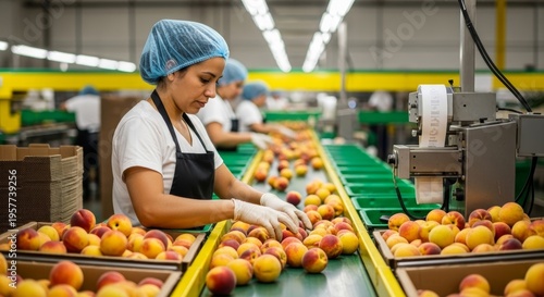 Woman worker sorting fresh peaches on industrial conveyor belt in food processing plant. Automated fruit packing line in agriculture facility. Quality control and freshness concept.