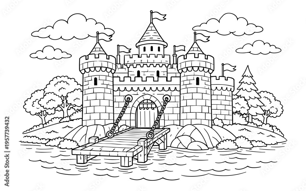 Fototapeta premium Whimsical cartoon castle with a drawbridge over water and surrounding trees