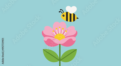Bee flying over pink flower.
