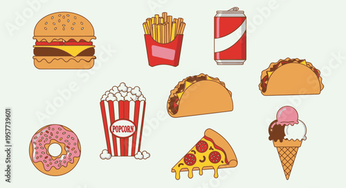 Fast food meal with burgers and fries.