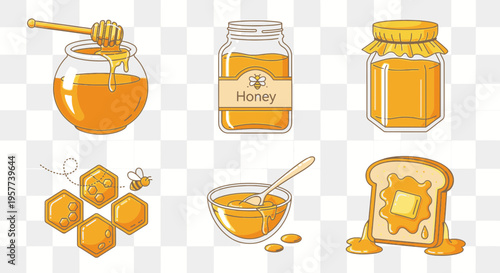 Honey food items and honeycomb.