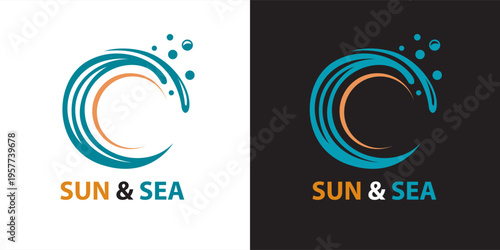 abstract sea waves and sun icons isolated on white and black background