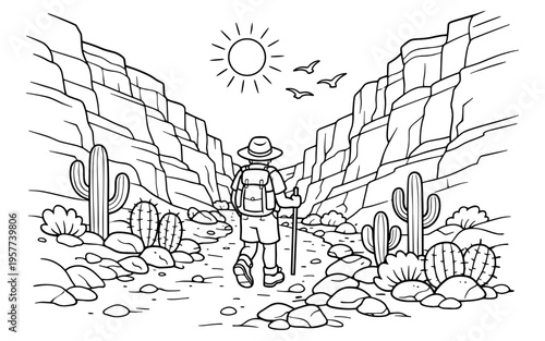 Hiker with backpack and walking stick explores a desert canyon under a bright sun