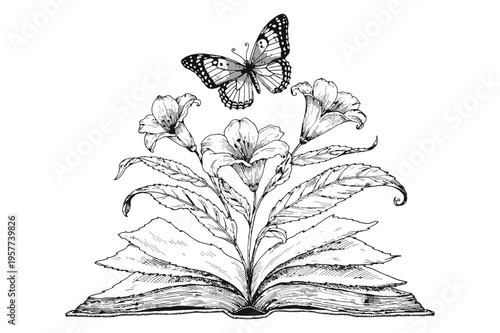 An open book transforms into blossoming lilies and fluttering butterflies