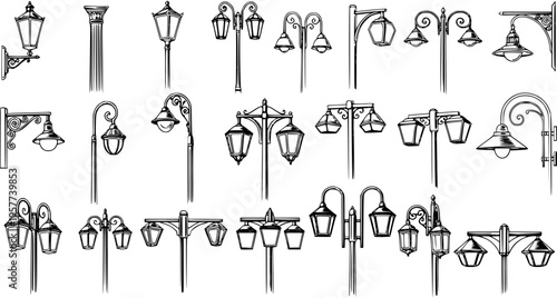 Hand-drawn sketch collection of vintage street lights and lampposts, featuring various outdoor lighting designs and architectural elements.