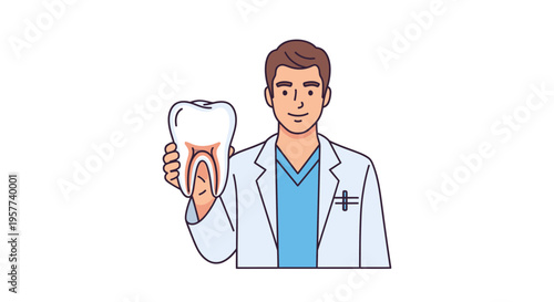 Male dentist holding a large tooth model showcasing dental health.