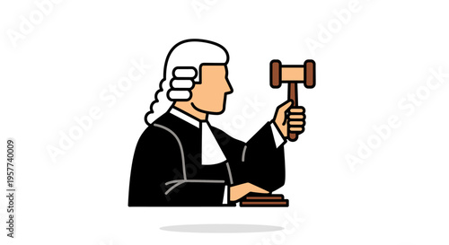 Judge in wig and robe holding gavel in court.