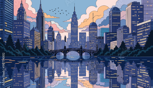 Stylized Cityscape Reflection Over Water at Dusk Featuring Tall Buildings and Historic Bridge Architecture austin skyline vector