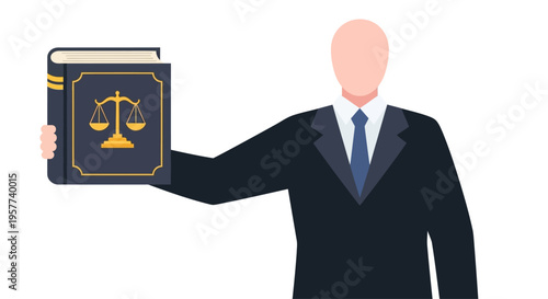 Faceless lawyer holding a law book with scales of justice emblem.