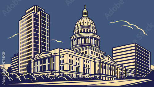 Downtown Skyline View Featuring Large Neoclassical Government Building with Central Dome and Modern Office Towers austin skyline vector