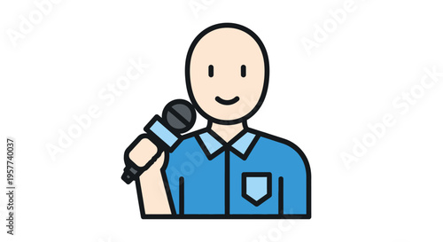 Cartoon illustration of a man holding a microphone.