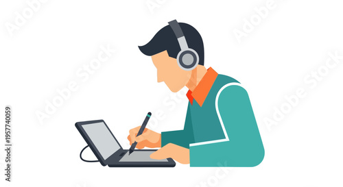 Young man with headphones working on laptop with stylus.