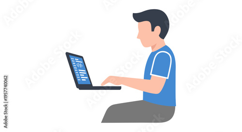 Man working on laptop side view illustration.