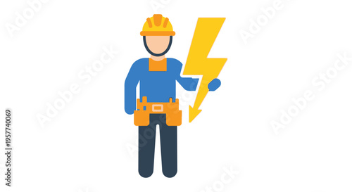 Electrician worker holding lightning bolt symbol flat illustration.