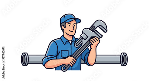 Professional Plumber Holding Large Pipe Wrench Ready for Repair Work.
