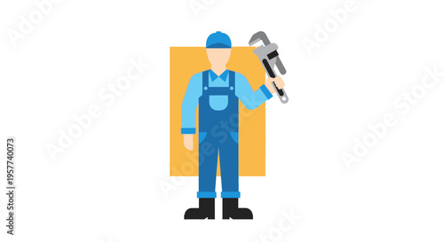 Plumber in Blue Overalls Holding a Wrench Ready for Work.