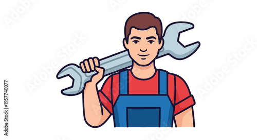 Confident male mechanic holding a large wrench on his shoulder.