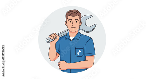 Confident male mechanic holding a large wrench ready for service.