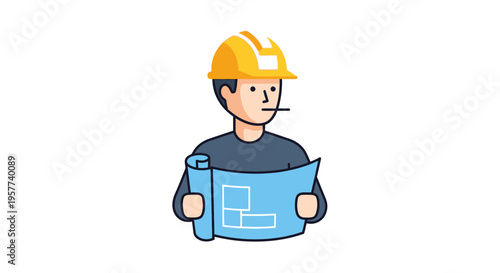 Cartoon illustration of a male engineer in a hard hat holding blueprints.