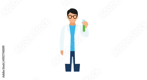 Male scientist in lab coat holding a test tube with green liquid.