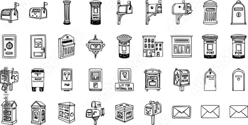 Mailboxes Variety Vector Illustration: Hand-Drawn Collection of Post Office and Delivery Box Icons